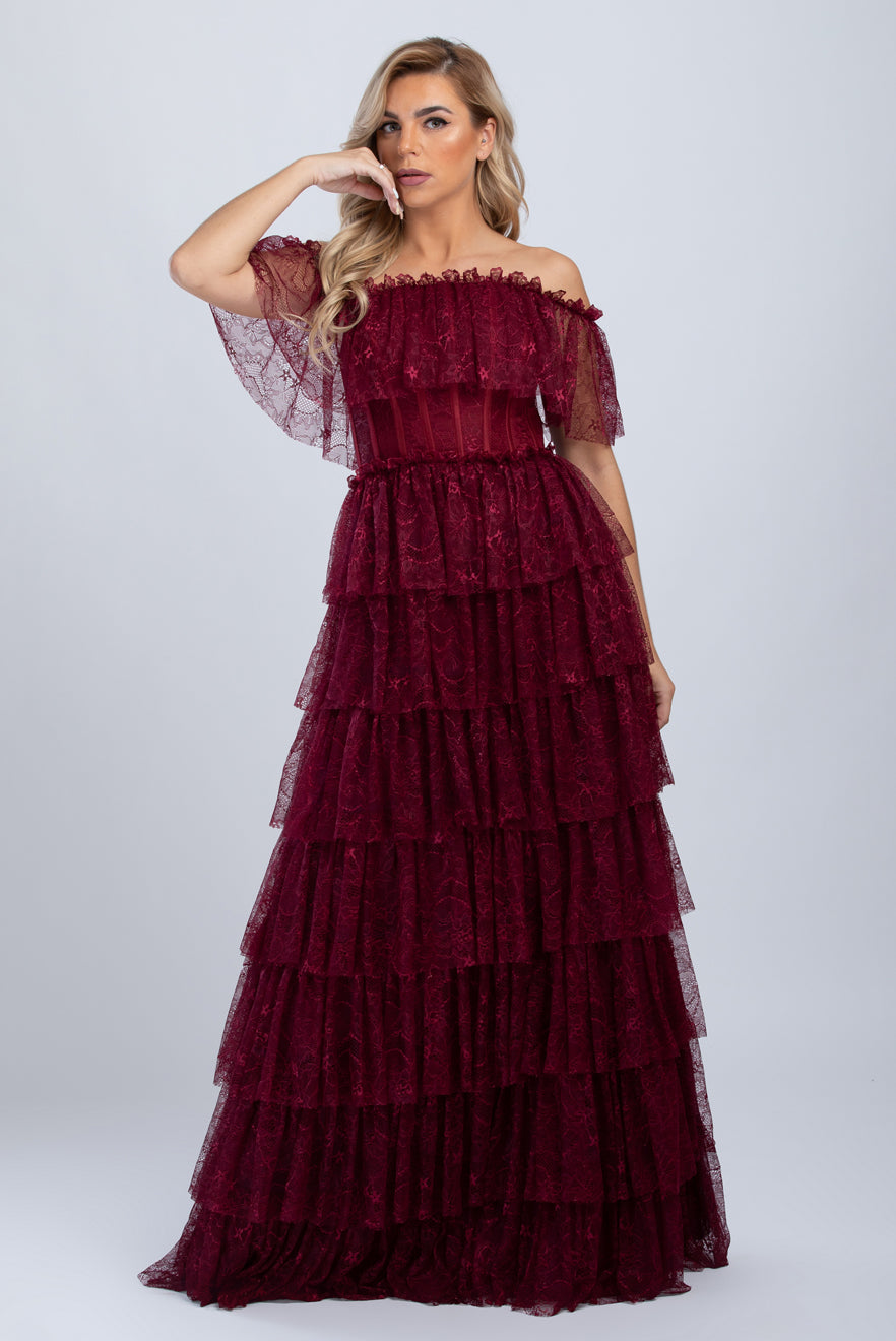 Off Shoulder Tiered Lace Maxi Dress - Mystic Evenings | Evening and Prom Dresses