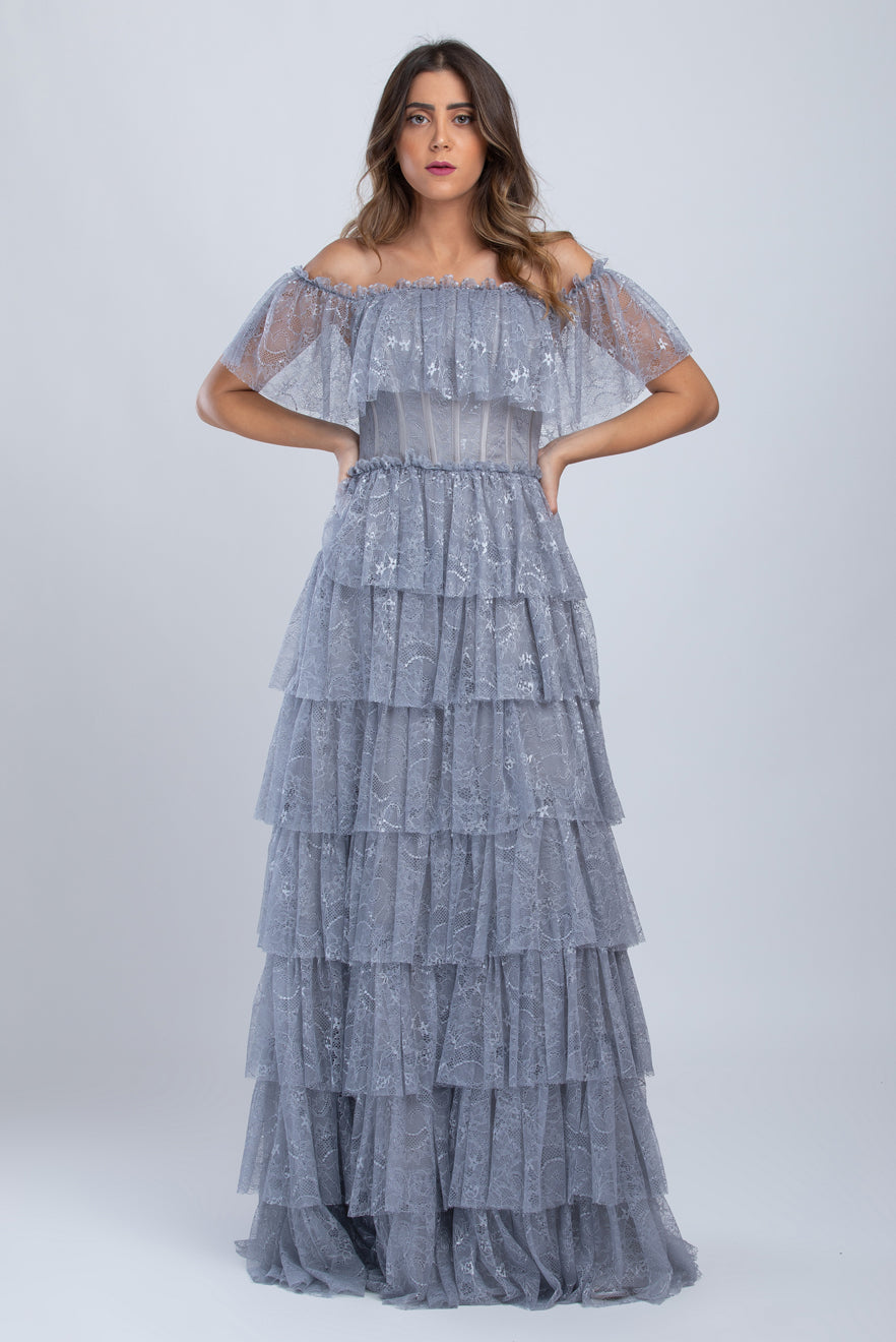 Off Shoulder Tiered Lace Maxi Dress - Mystic Evenings | Evening and Prom Dresses