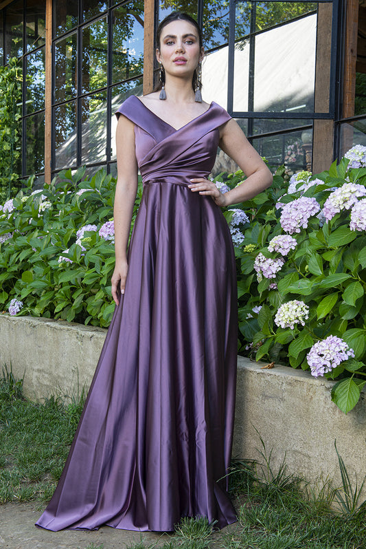 Off Shoulder A-Line Satin Maxi Dress - Mystic Evenings | Evening and Prom Dresses
