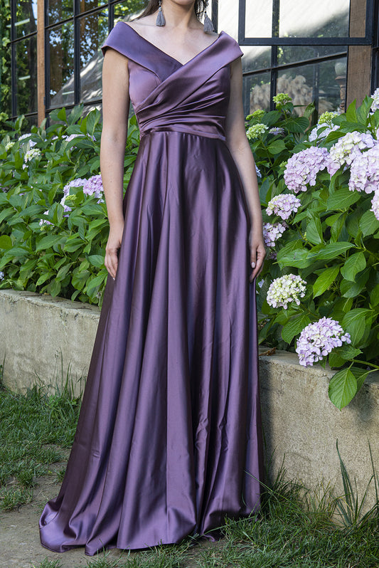 Off Shoulder A-Line Satin Maxi Dress - Mystic Evenings | Evening and Prom Dresses