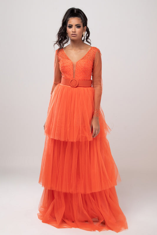 Beaded Bodice Tiered Tulle Maxi Dress - Mystic Evenings | Evening and Prom Dresses